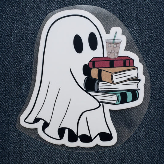 Bookworm Coffee Ghost | Coffee Lovers Iron-On Patch |Fabstik