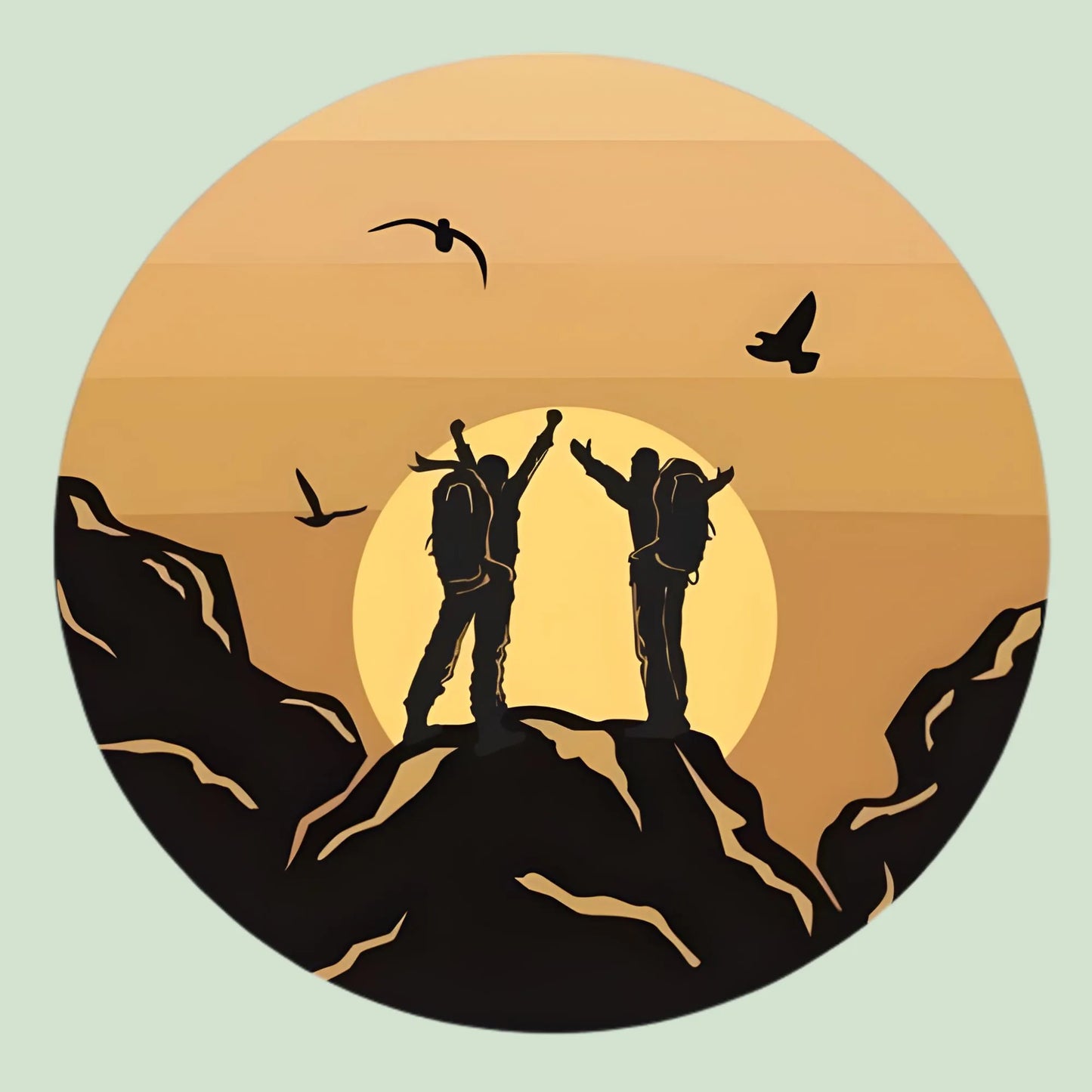 Two people standing on a mountain with a sunset in the background, framed in a circular shape.